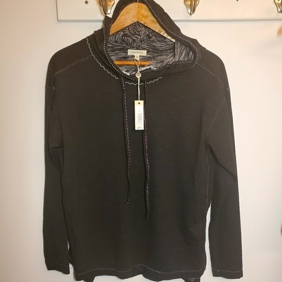 Max Studio Black Funnel Neck Hooded Pullover Sweatshirt Size Small - Picture 6 of 12